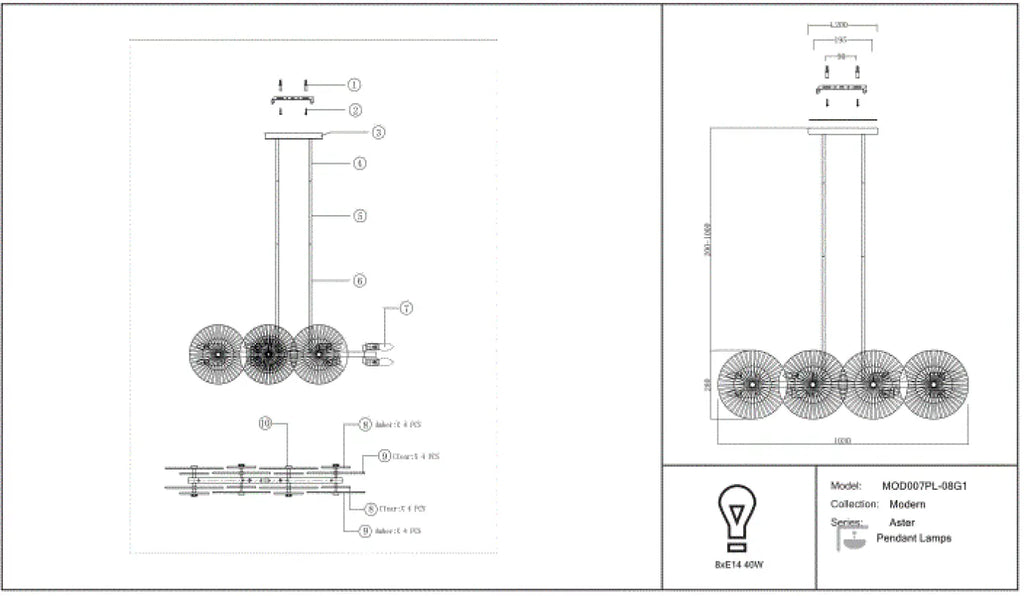 Suspension linéaire en verre pressé ambré, 103 cm, 8 ampoules