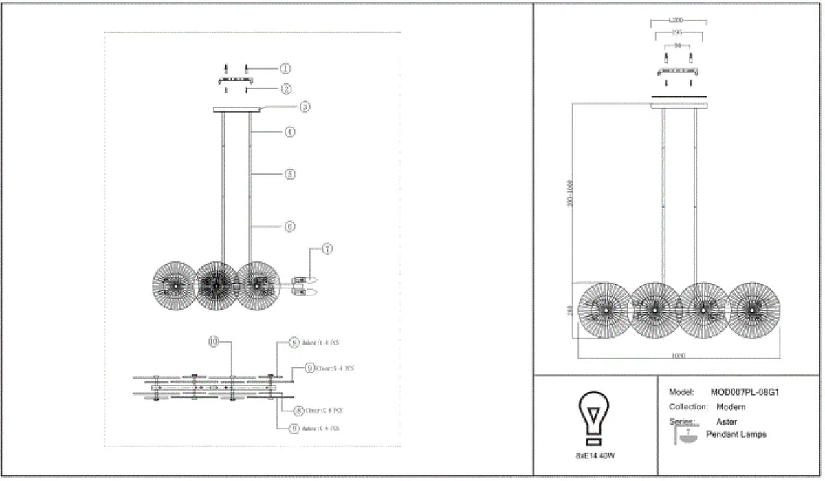 Suspension linéaire en verre pressé ambré, 103 cm, 8 ampoules