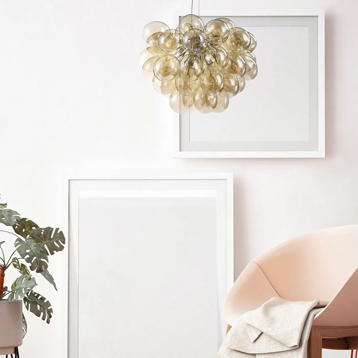 Suspension grappe de 8 globes en verre teinté, 50 cm, doré
