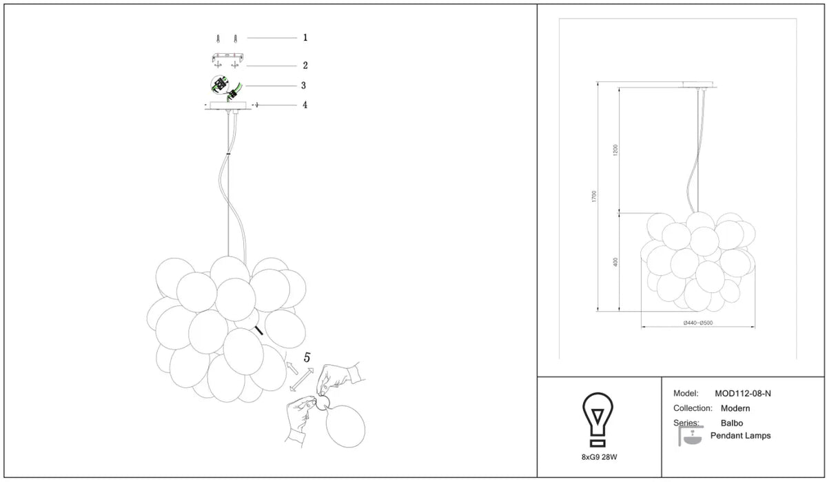 Suspension grappe de 8 globes en verre teinté, 50 cm