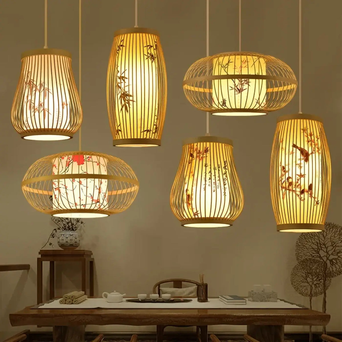 Suspension en bambou cylindrique à motifs peints, tailles S et M