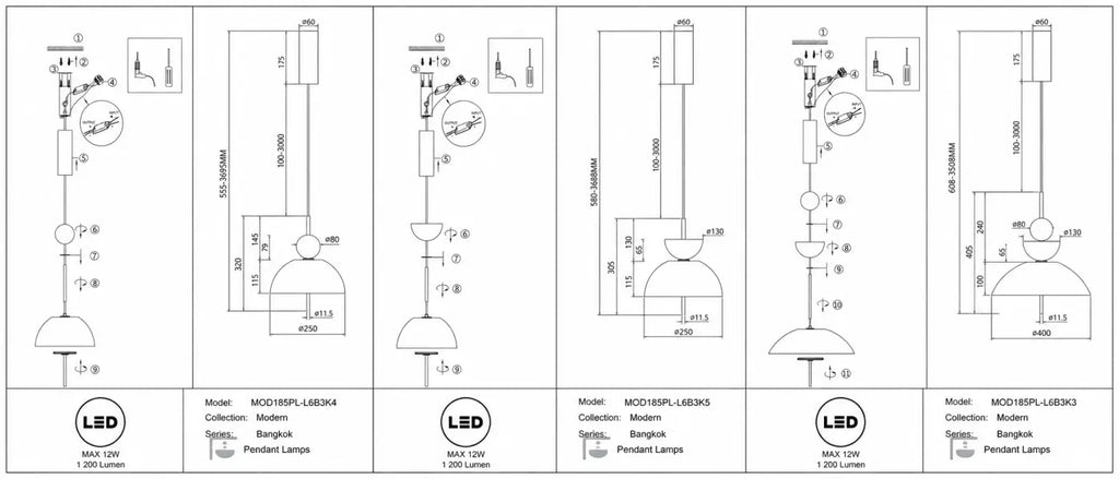 Suspension LED en verre transparent ou fumé, trois formes au choix