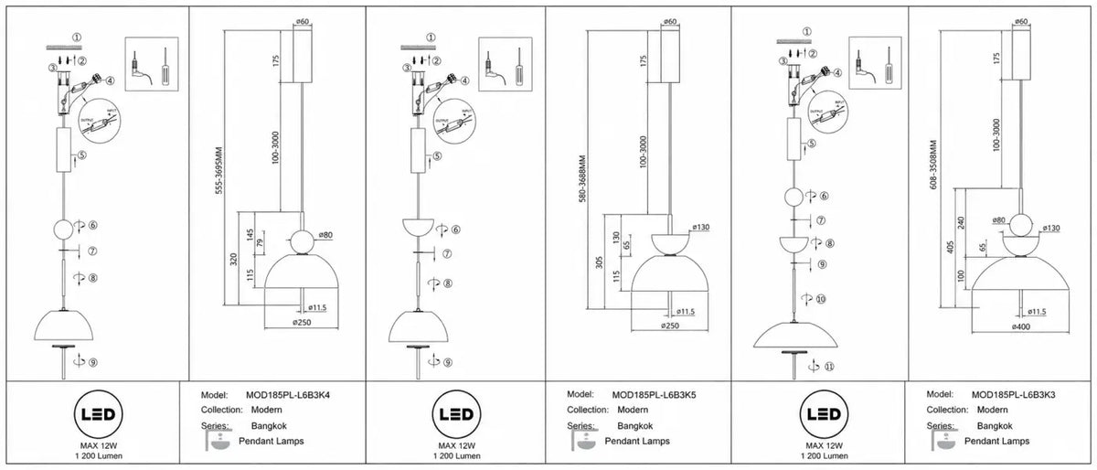 Suspension LED en verre transparent ou fumé, trois formes au choix