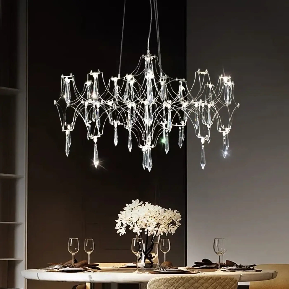 Lustre baroque à pampilles de cristal, doré ou argenté, 3 tailles, argenté