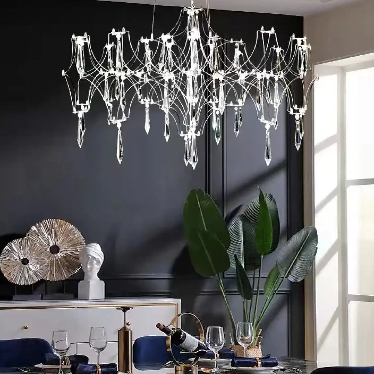 Lustre baroque à pampilles de cristal, doré ou argenté, 3 tailles, argenté