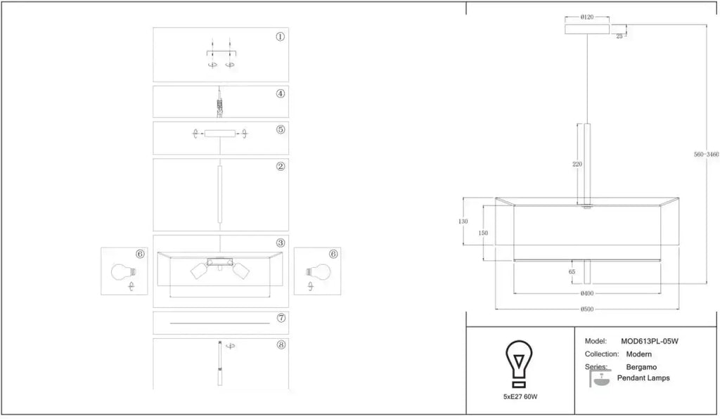 Suspension abat-jour en tissu blanc de 50 cm, cinq lumières