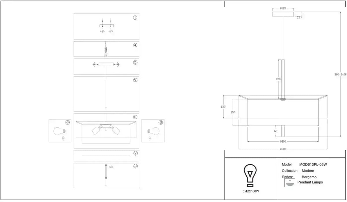 Suspension abat-jour en tissu blanc de 50 cm, cinq lumières