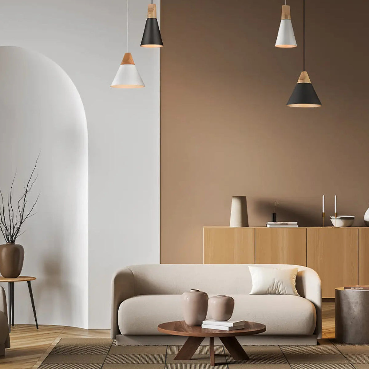 Suspension conique scandinave en métal et bois de hêtre