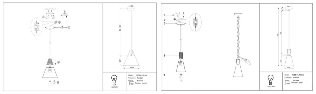 Suspension conique scandinave en métal et bois de hêtre