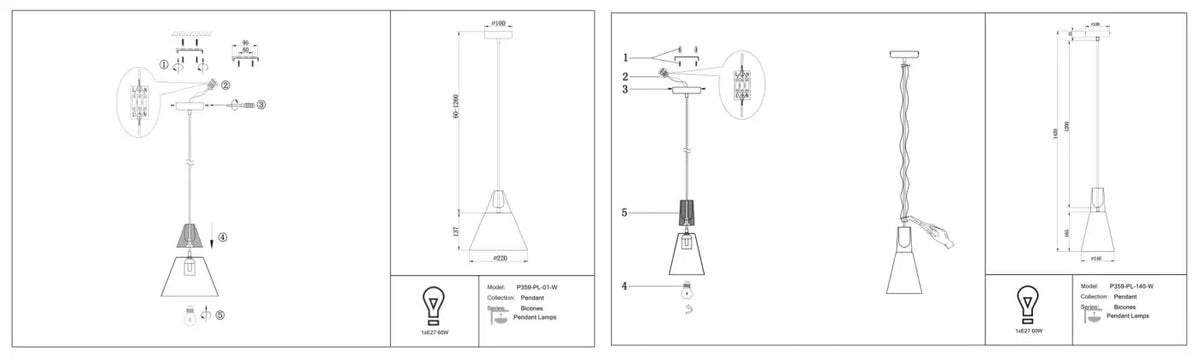 Suspension conique scandinave en métal et bois de hêtre