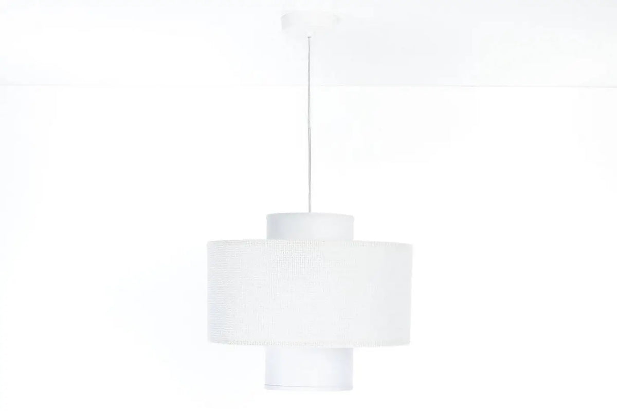 Suspension en tissu blanc à deux abat-jour superposés