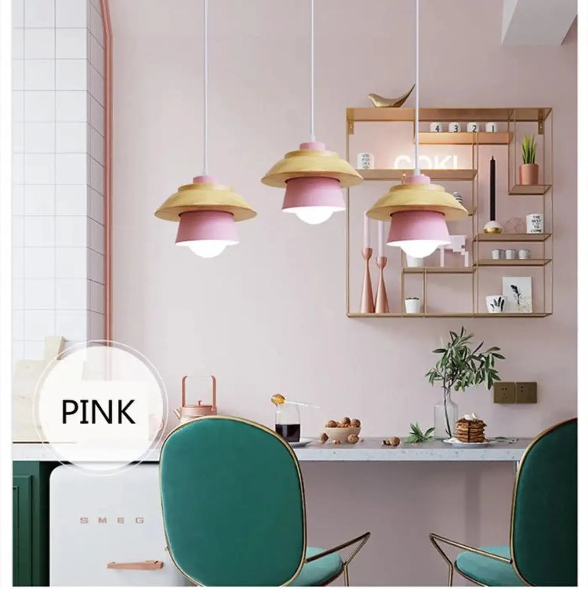 Suspension scandinave en bois et couleur, cinq coloris, rose