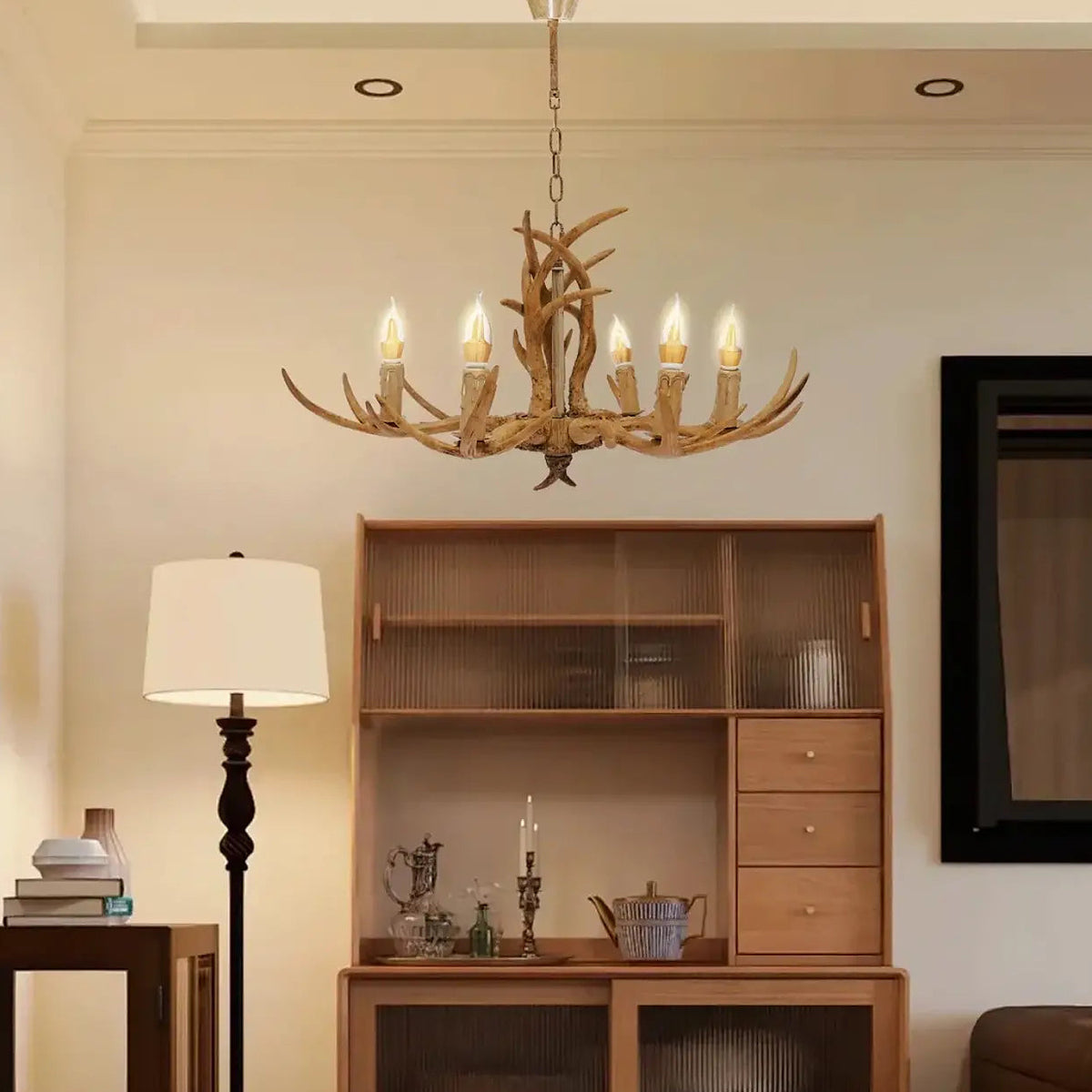 Suspension bois de cerf avec ampoules façon bougie