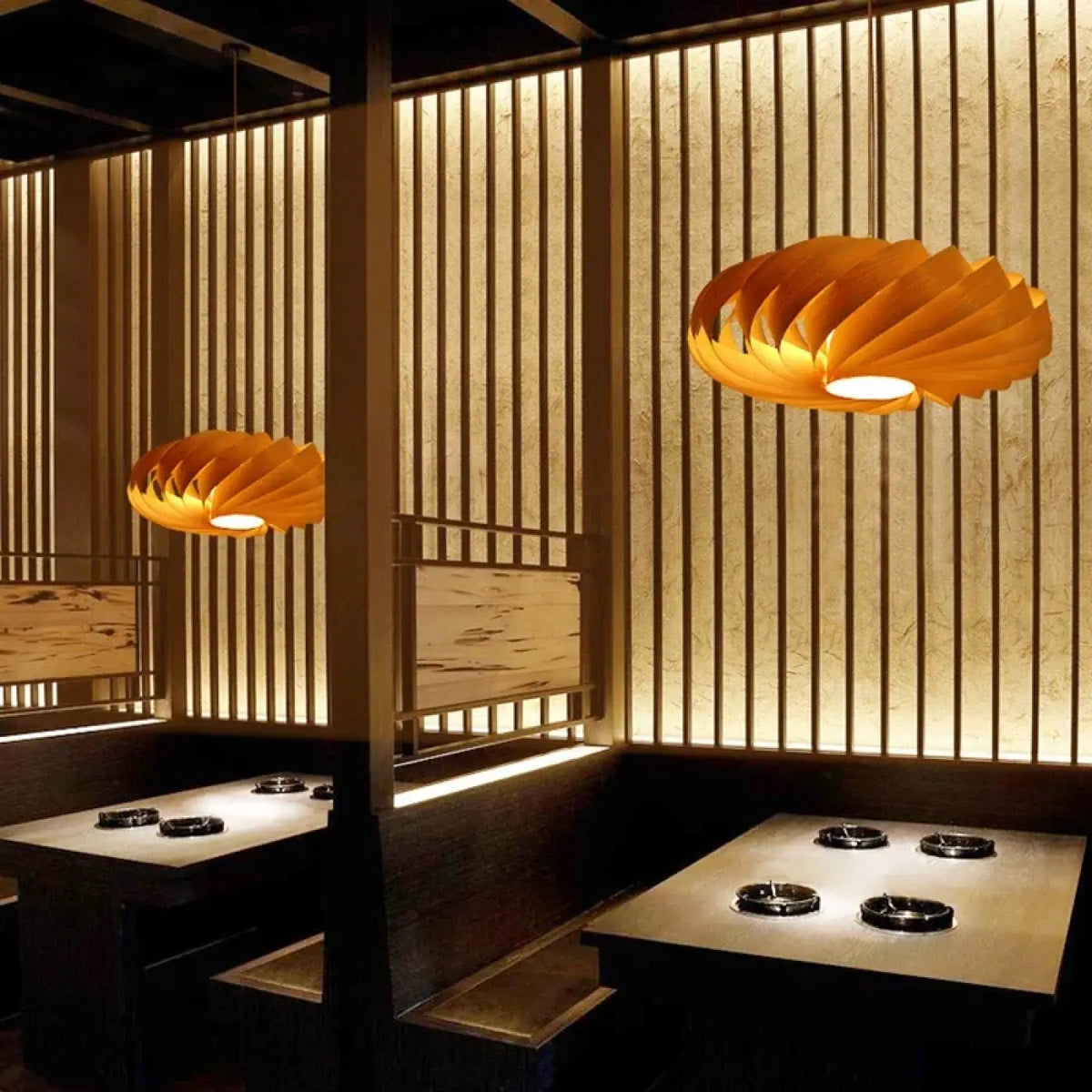 Suspension en bois à globes lumineux, quatre tailles de S à XL