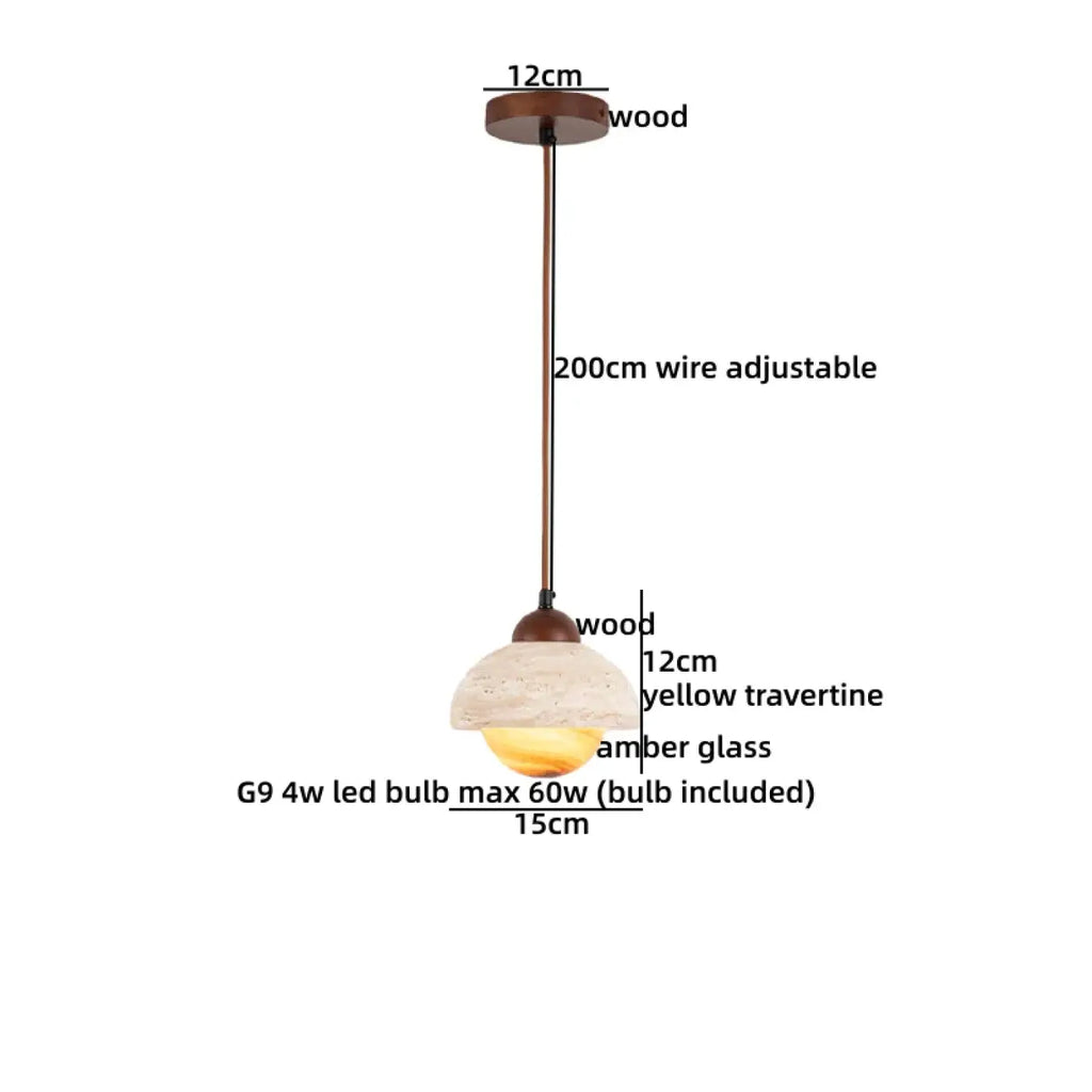 Suspension bois, travertin et verre ambré