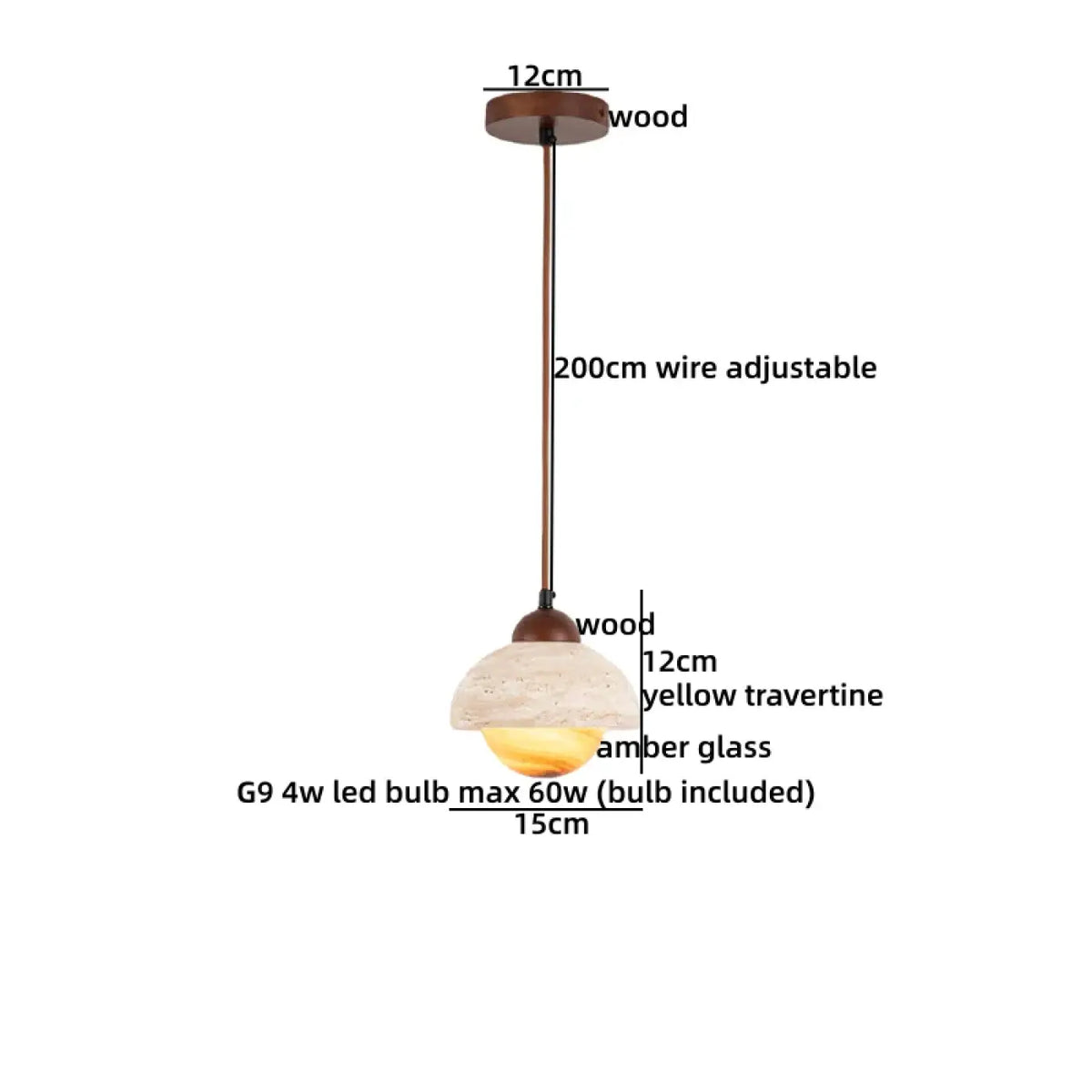 Suspension bois, travertin et verre ambré
