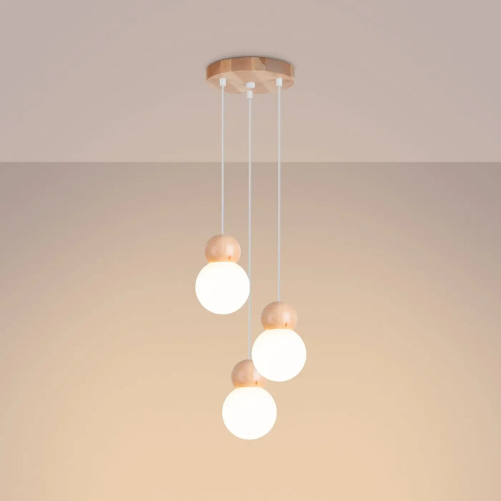 Suspension boule en verre blanc et bois, 1 ou 3 lumières
