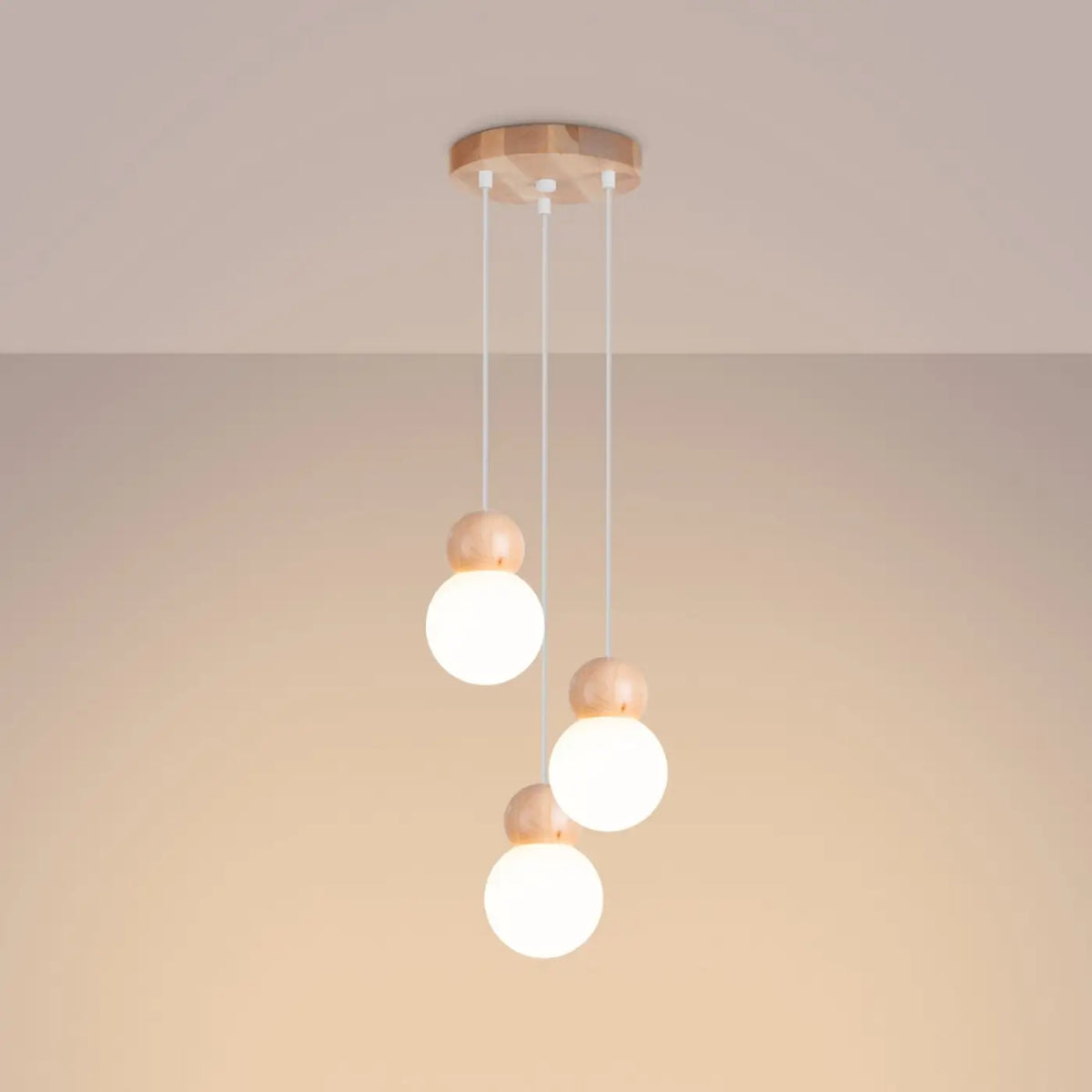 Suspension boule en verre blanc et bois, 1 ou 3 lumières
