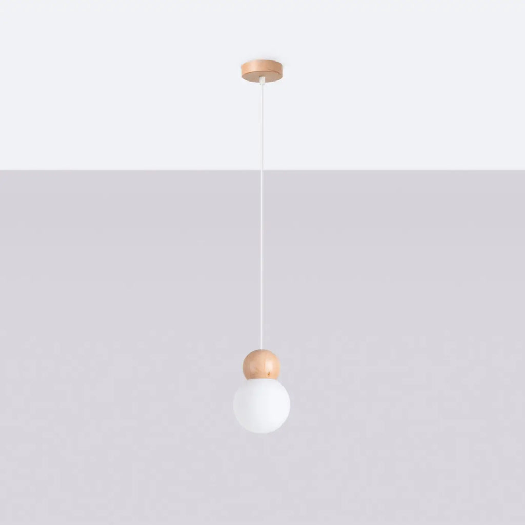 Suspension boule en verre blanc et bois, 1 ou 3 lumières