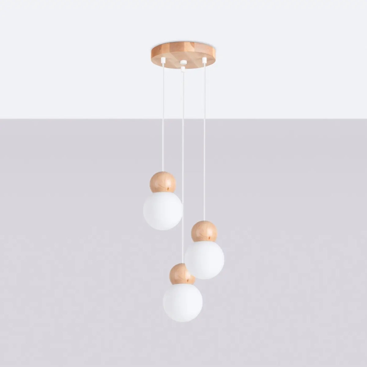 Suspension boule en verre blanc et bois, 1 ou 3 lumières