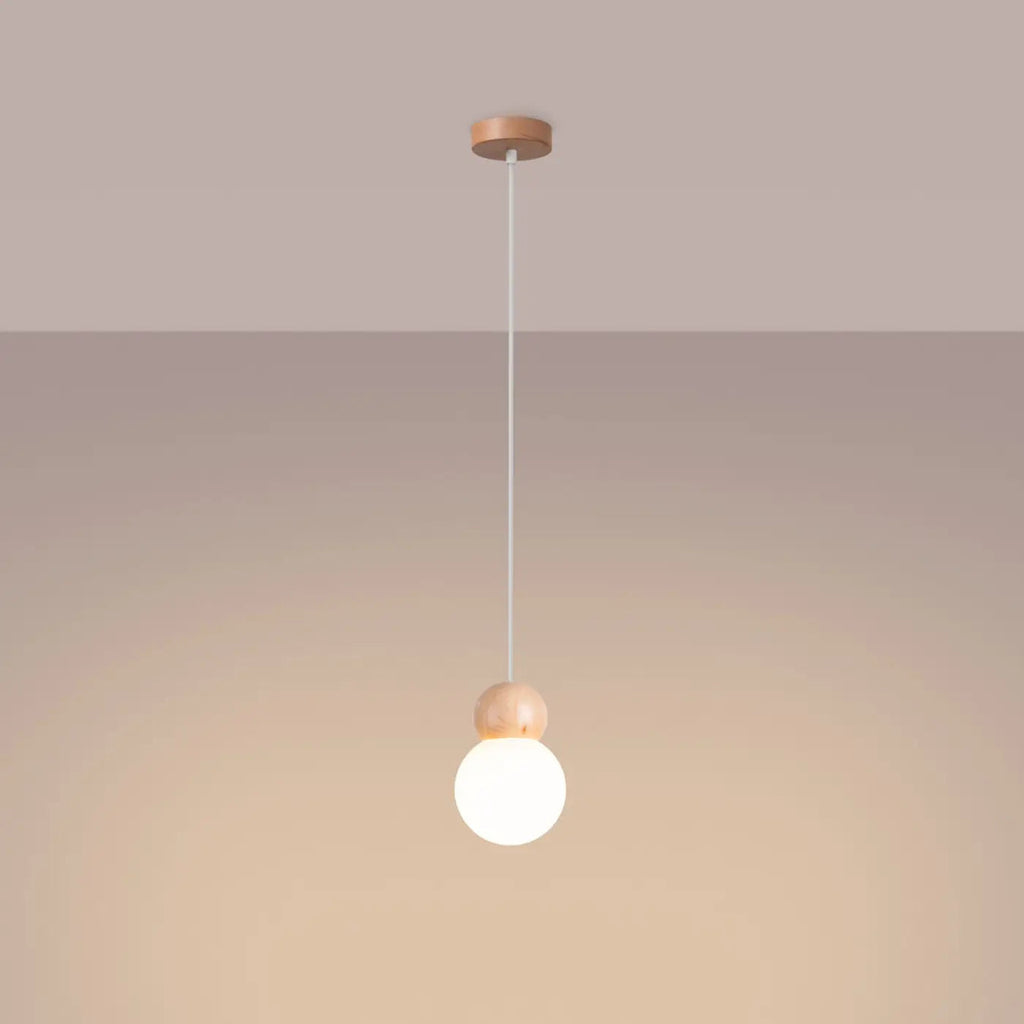 Suspension boule en verre blanc et bois, 1 ou 3 lumières