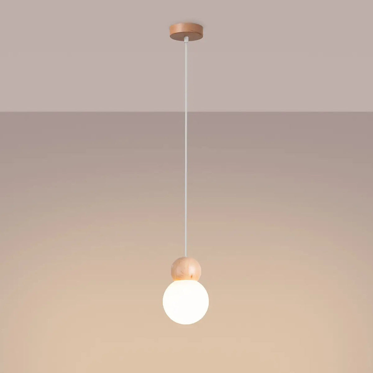 Suspension boule en verre blanc et bois, 1 ou 3 lumières