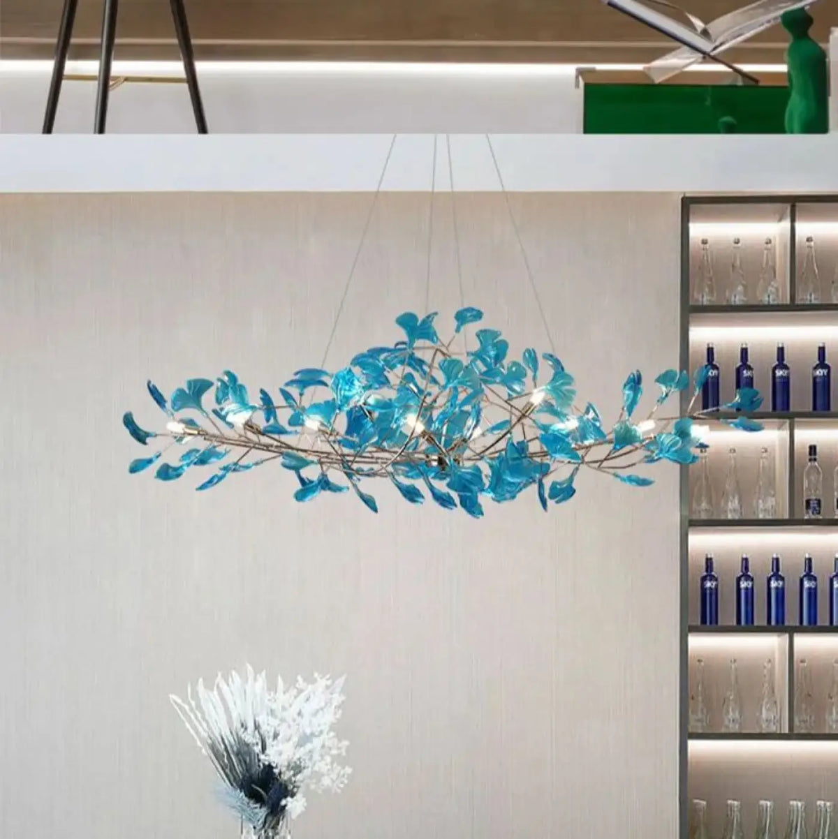 Suspension branches en métal et feuilles bleues, du S au XXL