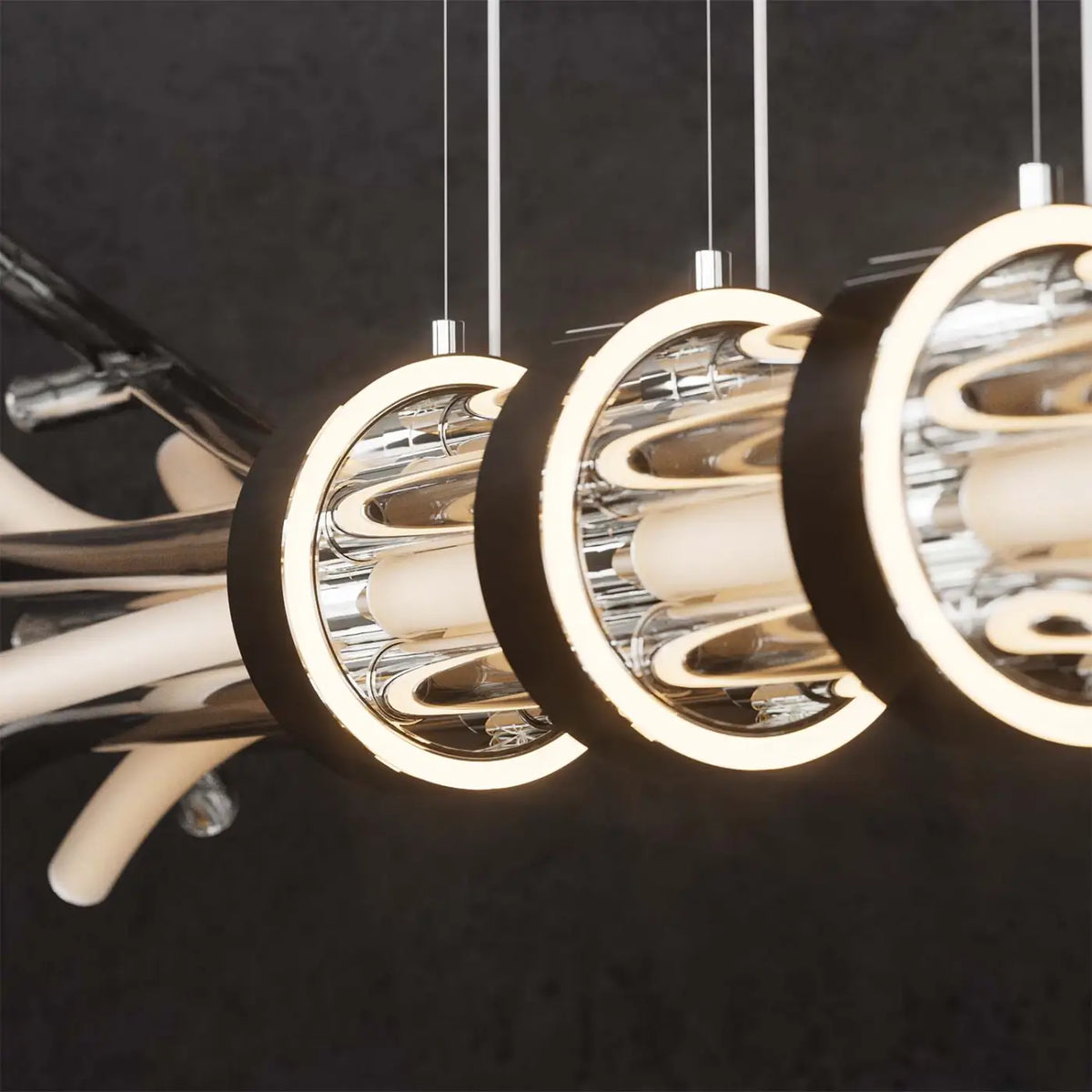Suspension linéaire en tubes de cristal assemblés en fagot, LED