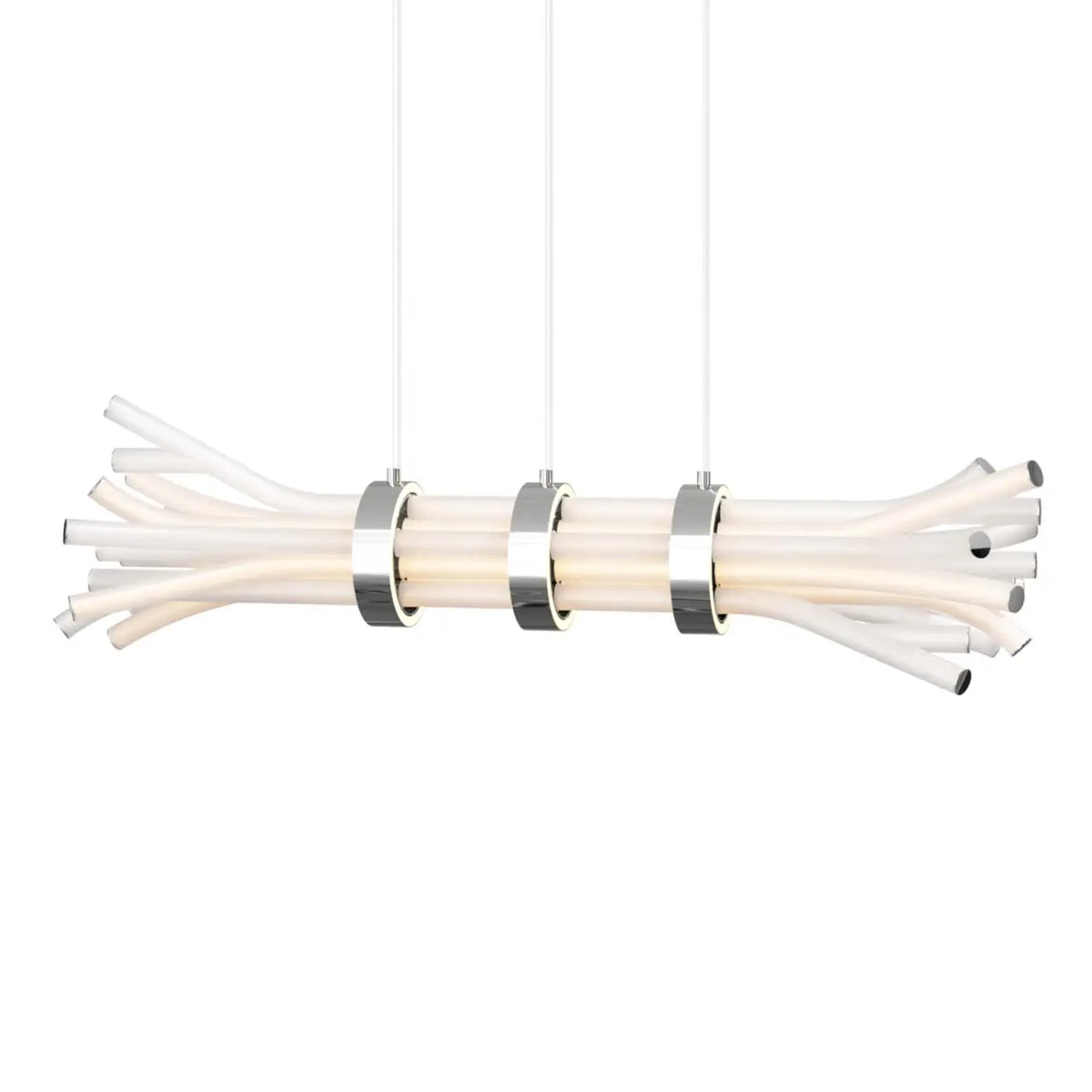 Suspension linéaire en tubes de cristal assemblés en fagot, LED, argenté