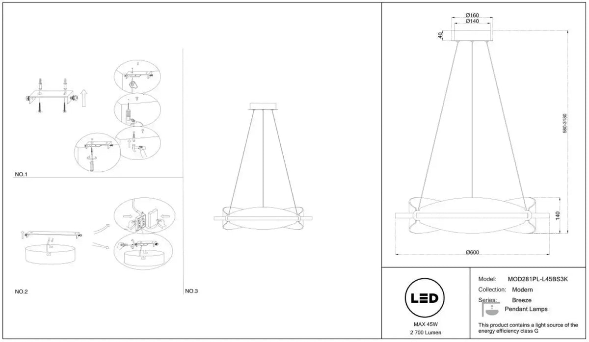 Suspension LED anneau finition laiton et acrylique texturé, 60 cm