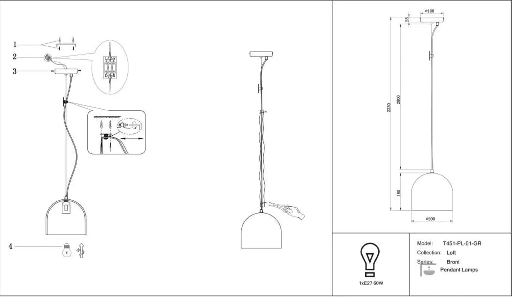 Suspension coupole en béton gris et métal noir, style loft