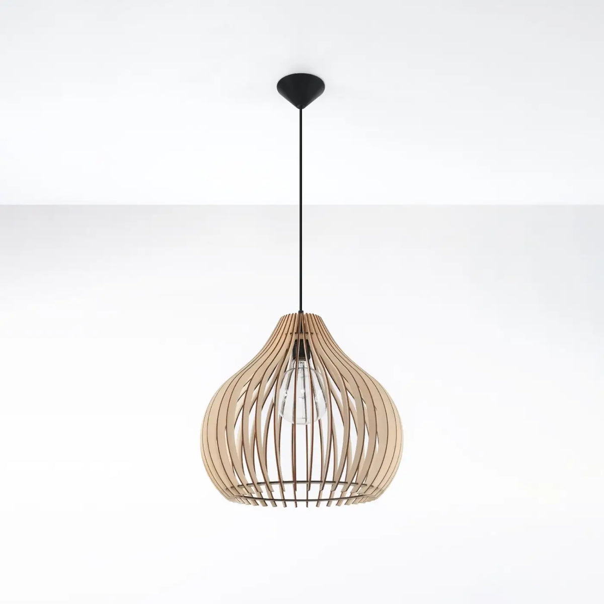 Suspension bulbe arrondi en lamelles de bois naturel, 40 cm
