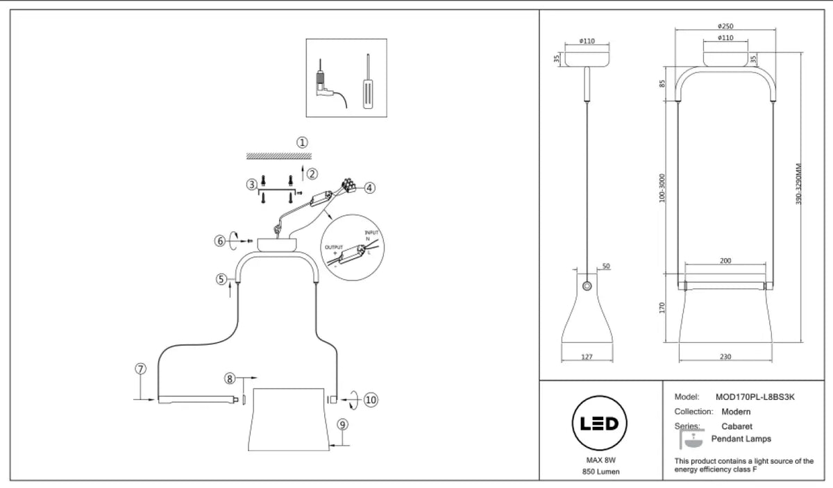 Suspension LED monture finition laiton et abat-jour en verre clair