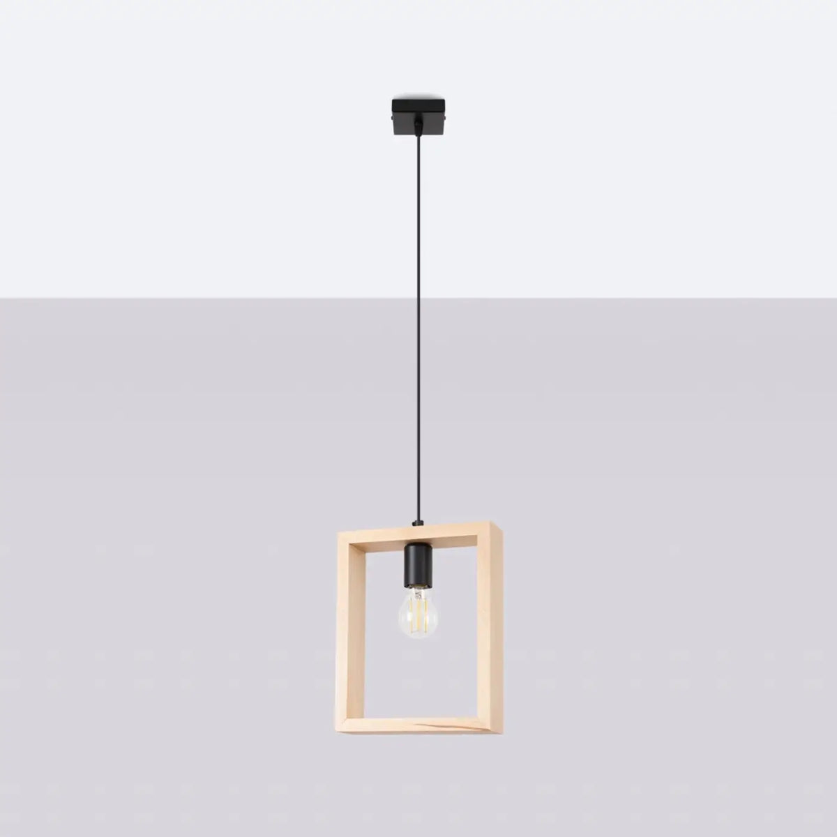 Suspension à cadre carré en bois, ampoule apparente, trois finitions, bois naturel