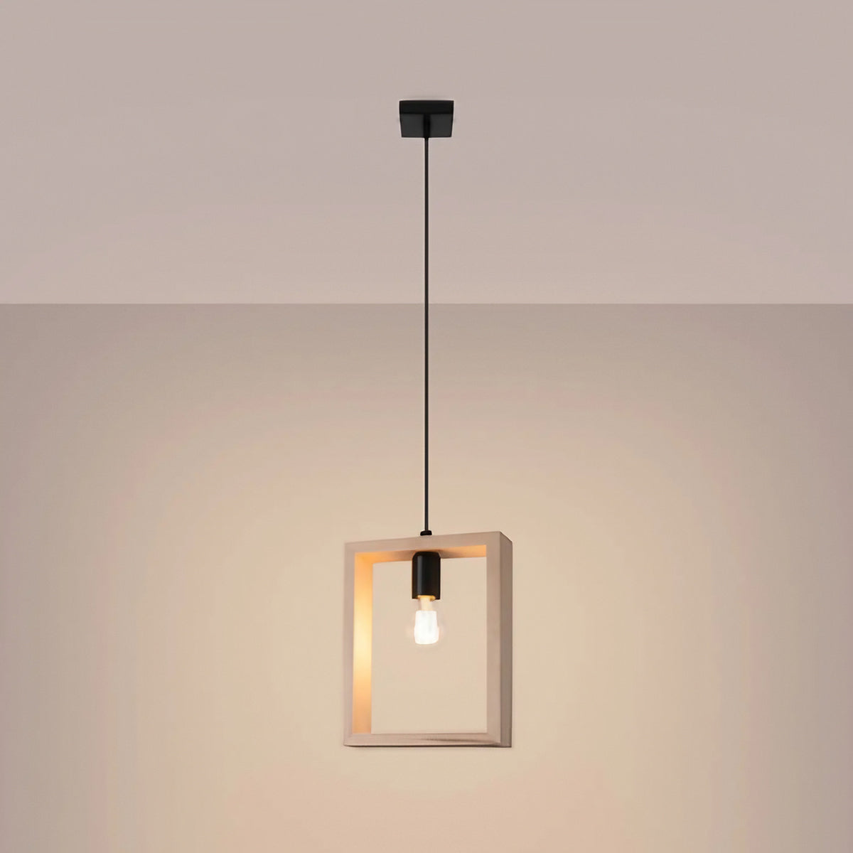 Suspension à cadre carré en bois, ampoule apparente, trois finitions