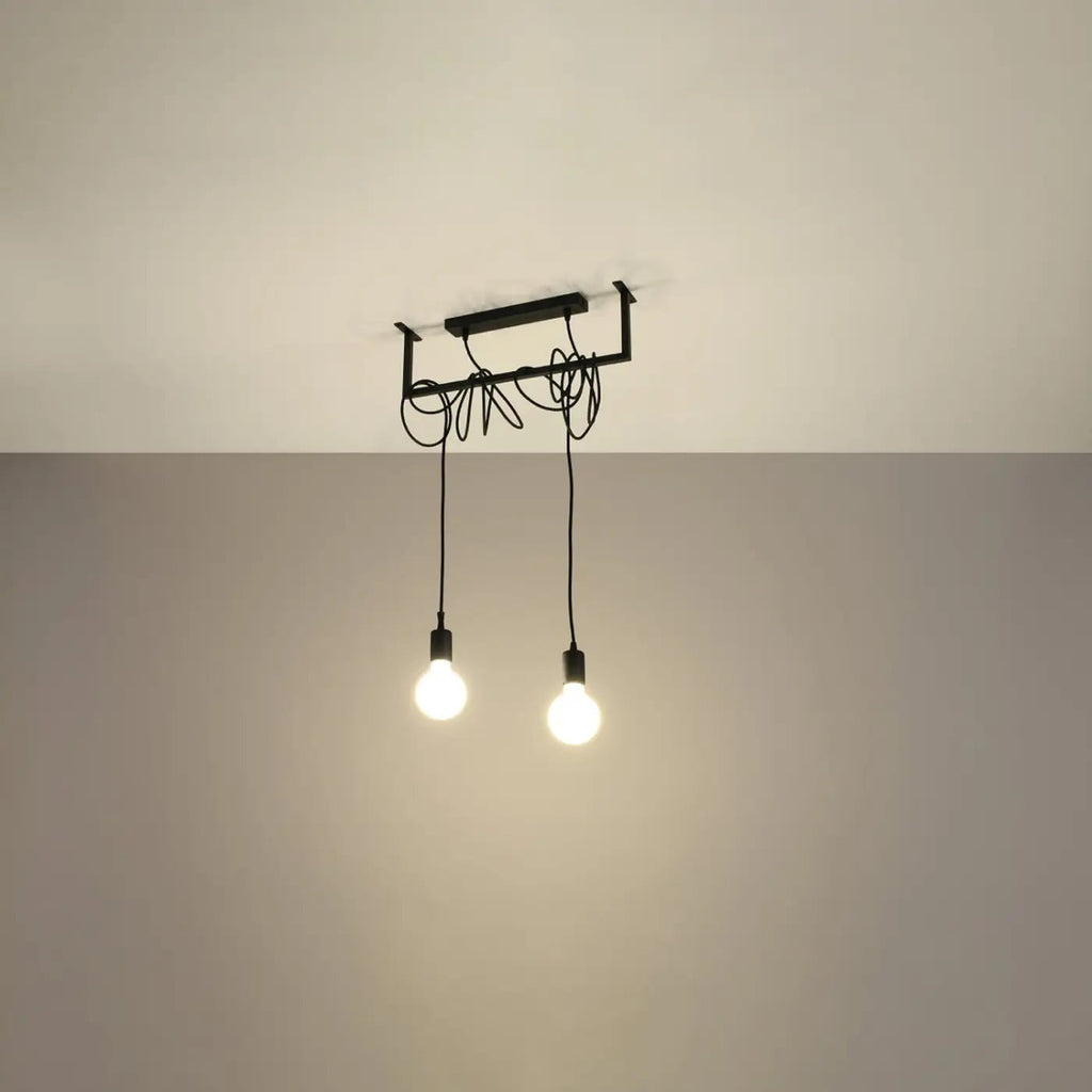 Suspension cadre noir à câbles en tissu enroulés, 2 ampoules E27