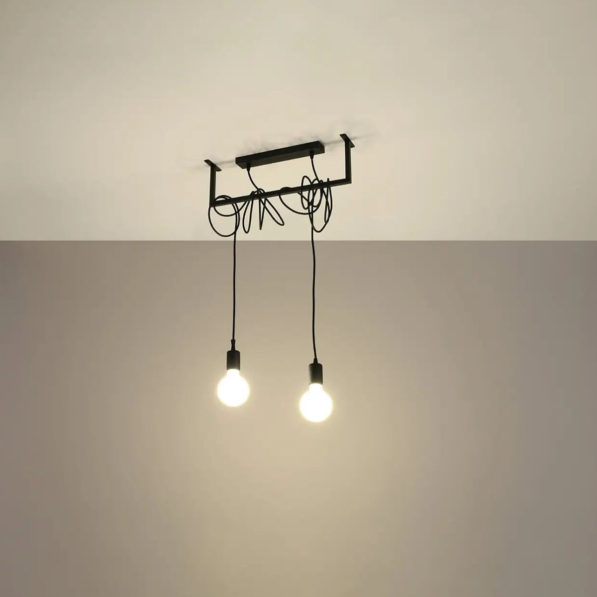 Suspension cadre noir à câbles en tissu enroulés, 2 ampoules E27