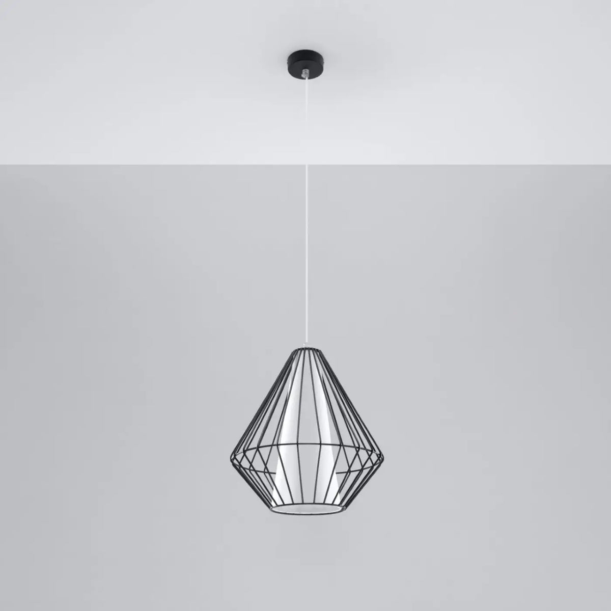 Suspension cage losange en acier noir, abat-jour blanc