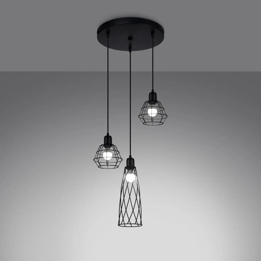 Suspension cage géométrique en acier noir, 1 ou 3 lumières