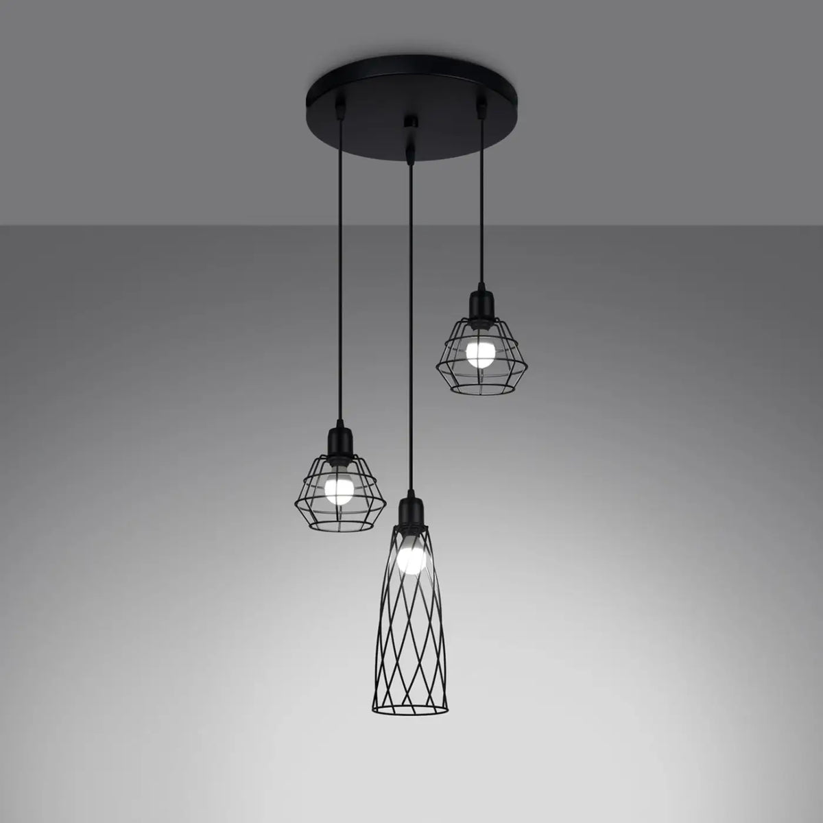 Suspension cage géométrique en acier noir, 1 ou 3 lumières