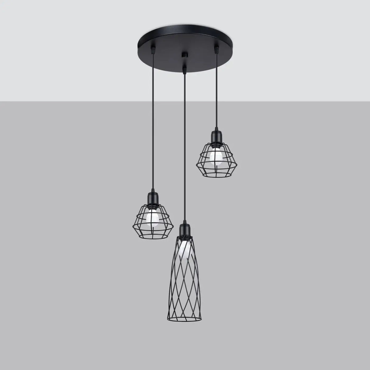 Suspension cage géométrique en acier noir, 1 ou 3 lumières