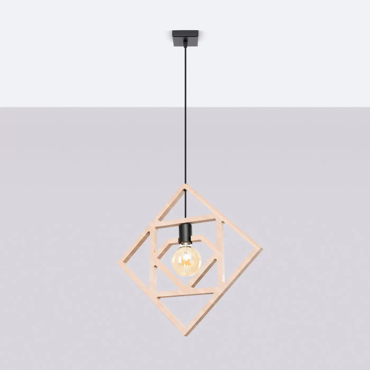 Suspension en cadres carrés de bois emboîtés, ampoule apparente