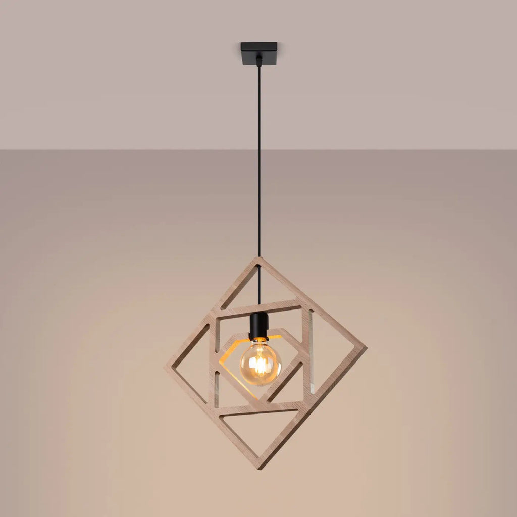 Suspension en cadres carrés de bois emboîtés, ampoule apparente