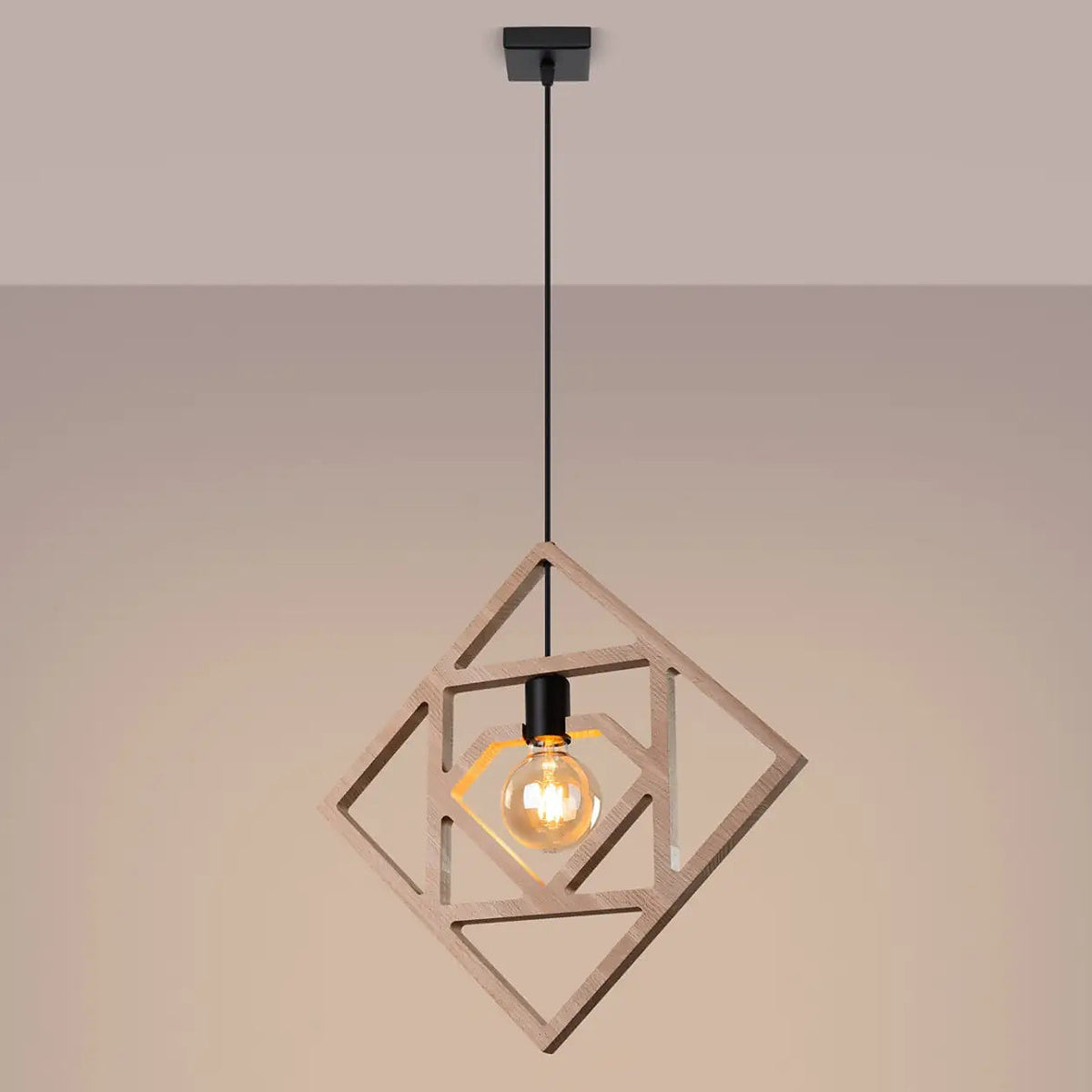 Suspension en cadres carrés de bois emboîtés, ampoule apparente