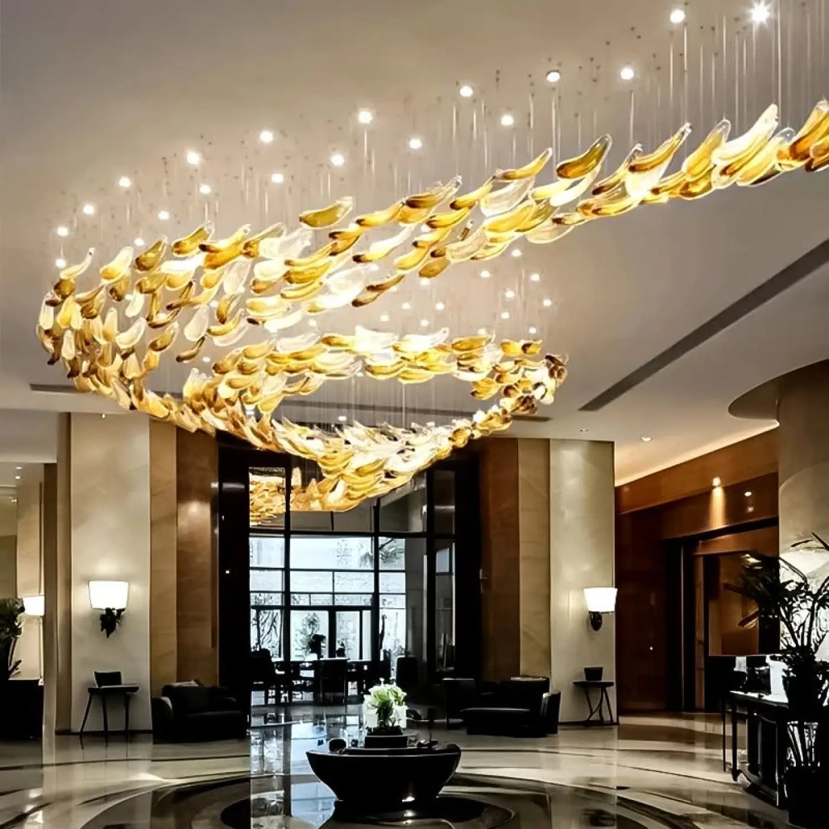 Lustre cascade en cristal doré à feuilles, tailles S à XL