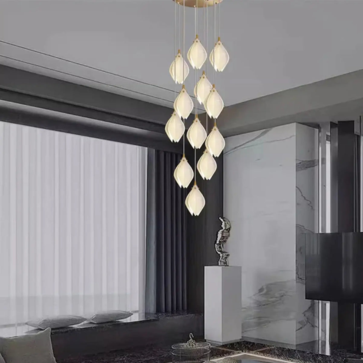 Lustre LED en cascade de pampilles en feuilles dorées, cinq tailles