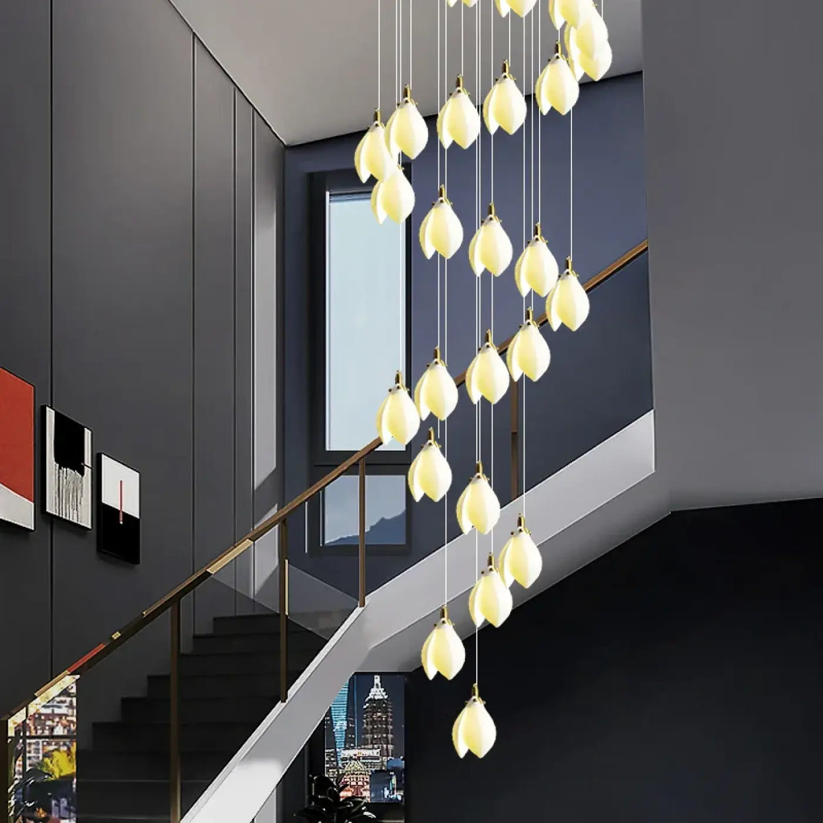 Suspension en cascade de pétales, métal et céramique, S à 4XL