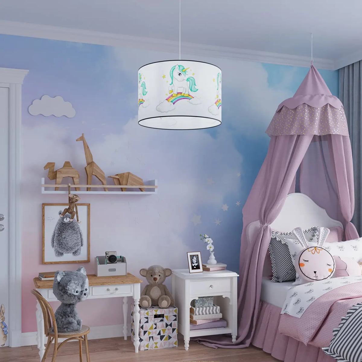 Suspension chambre d'enfant, abat-jour licorne et arc-en-ciel