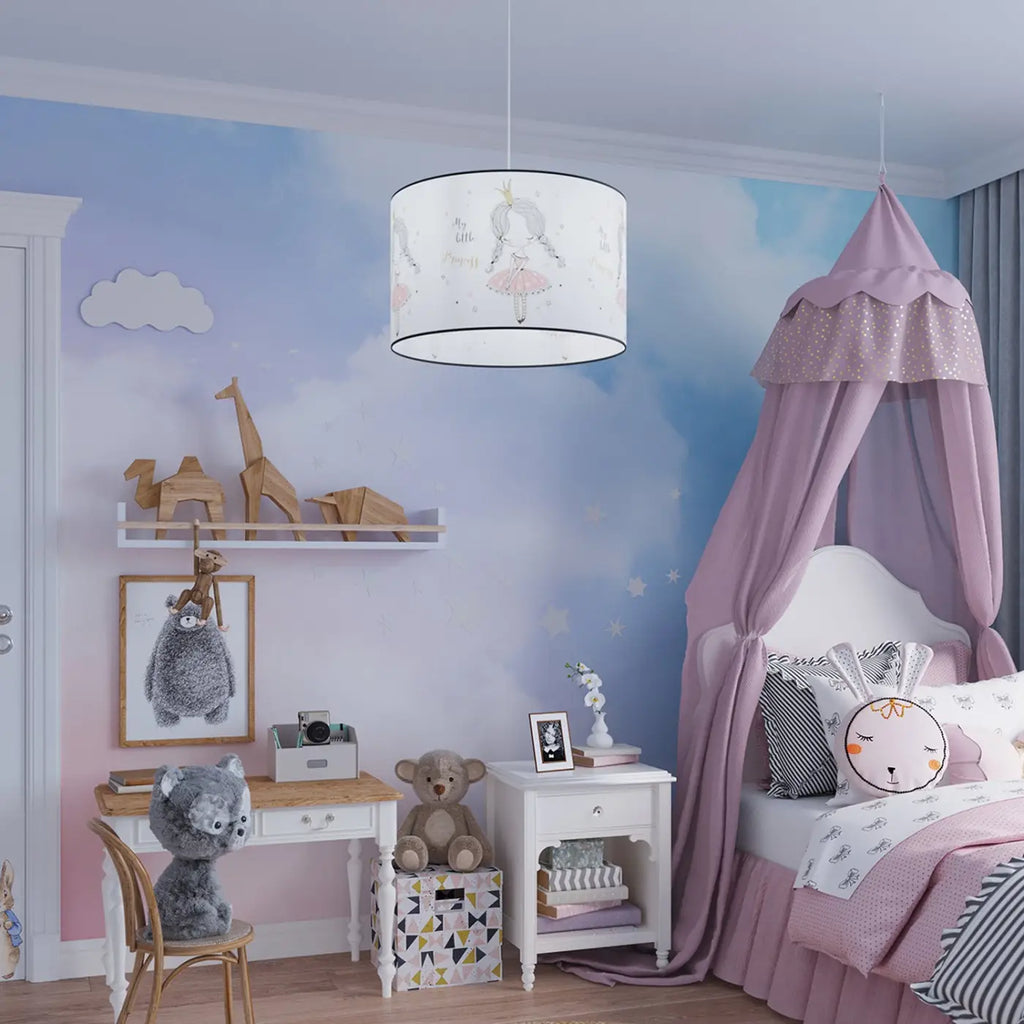 Suspension chambre d'enfant, abat-jour blanc illustré d'une princesse