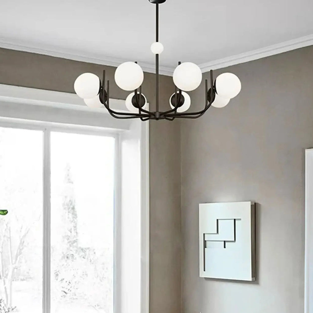 Suspension chandelier classique à globes opalins, S à L, noir